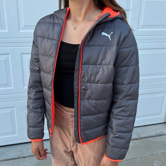 Puma Zip Up Hooded Jacket Orange and Gray Kids Medium (10-12) - Picture 4 of 10